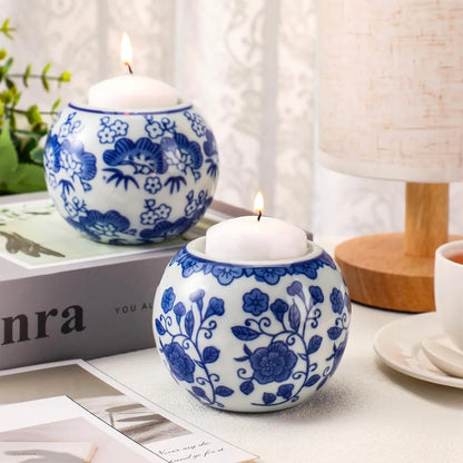 2 Pack Blue and White Candle Holders Chinoiserie Decor Porcelain Tealight Candleholders Votive Candle Holders for Holiday, Wedd