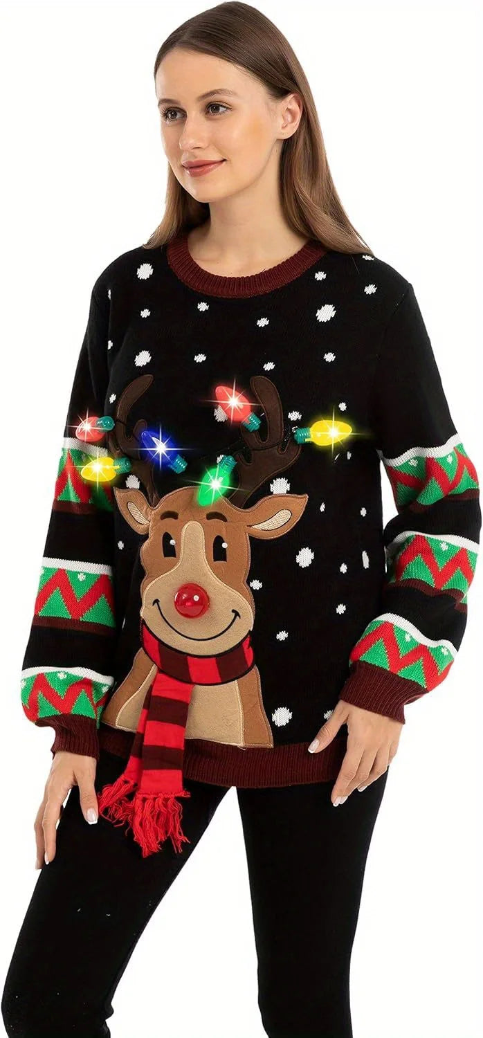 JOYFY Womens LED Light Up Christmas Sweater Christmas Ugly Sweater with Light Bulbs for Women Christmas Gift