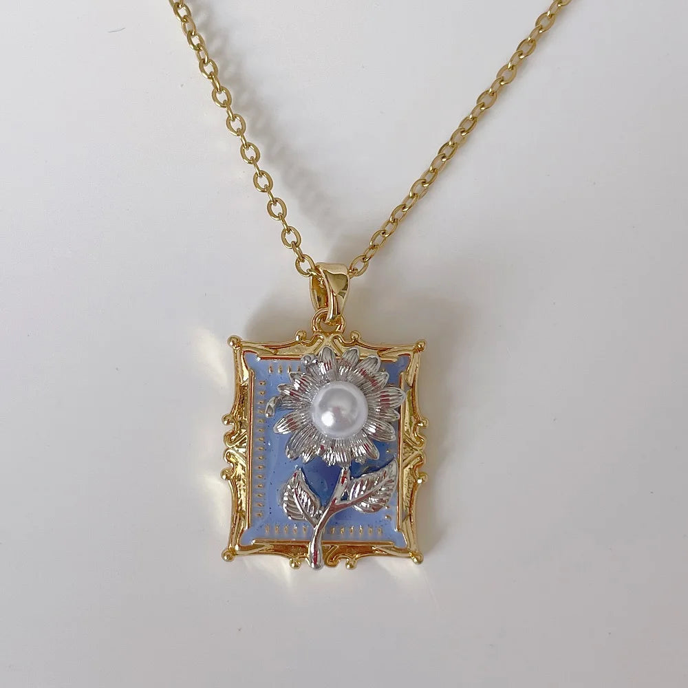 Vintage Rectangular Pendant Necklace with Enamel Floral Design in Stainless Steel