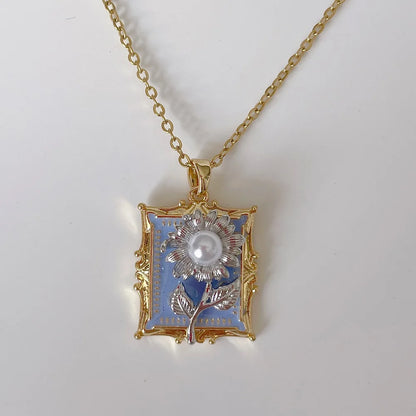 Vintage Rectangular Pendant Necklace with Enamel Floral Design in Stainless Steel