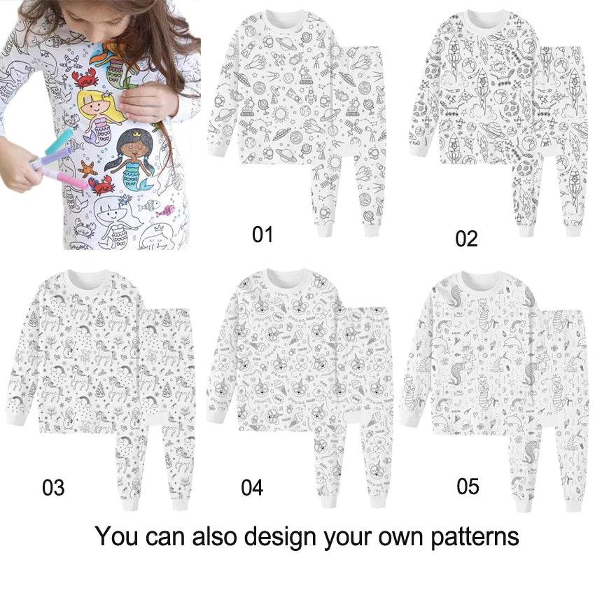 Christmas Colorable Two Piece Pajama Set for Children Boys Girls Hallowmas Pyjamas Kids DIY Coloring Kit for Pajama Party - HORA GIFT