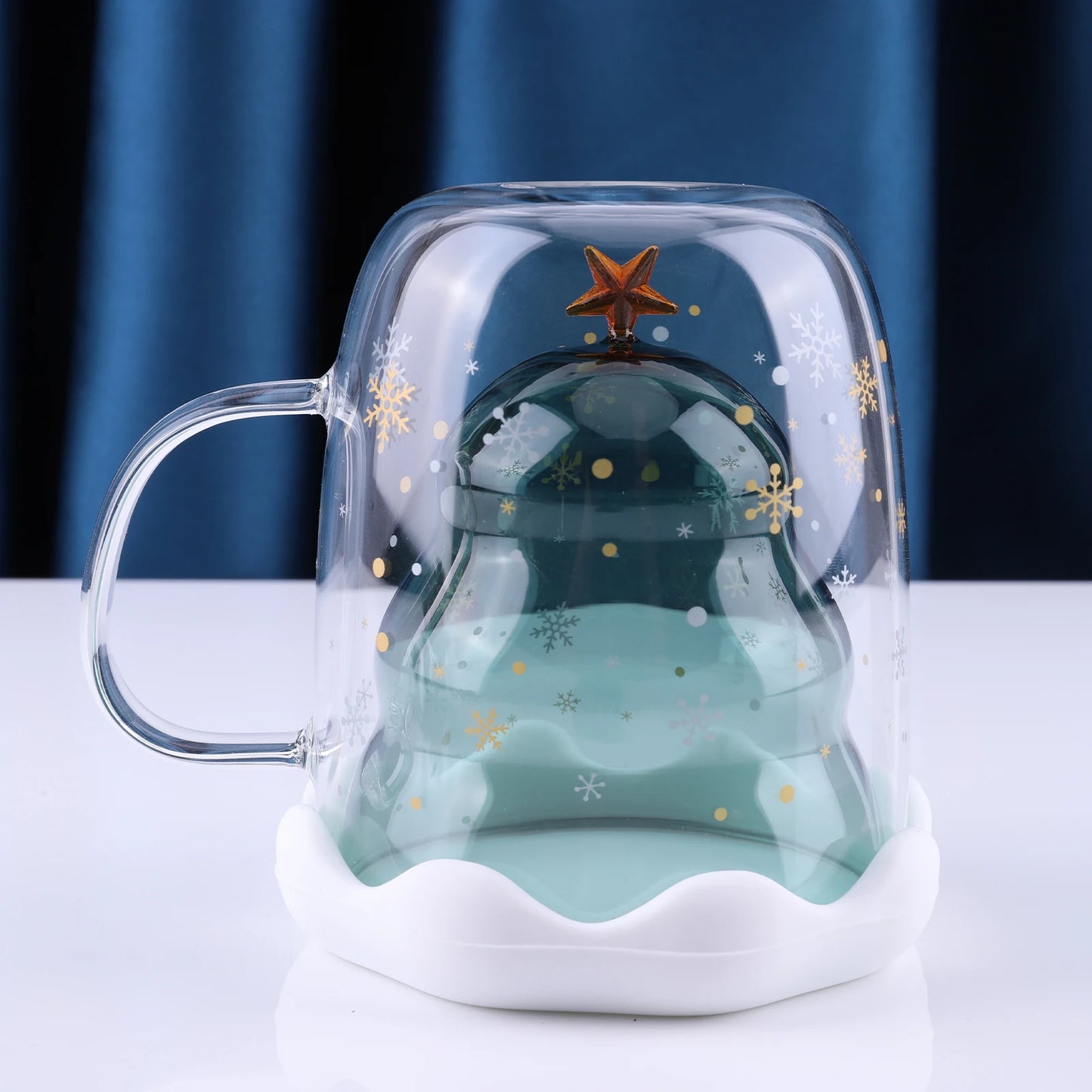 Christmas Tree Snow Scene Cup & Handle Christmas Clear Tree Coffee Mug Star Water Cup Valentine's Day Birthday New Year Gift