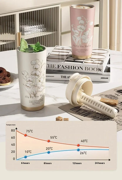 Lily Of The Valley Design Travel Portable Leakproof Coffee Cup Stainless Steel Insulated Bottle Cold Cup Handy Cup