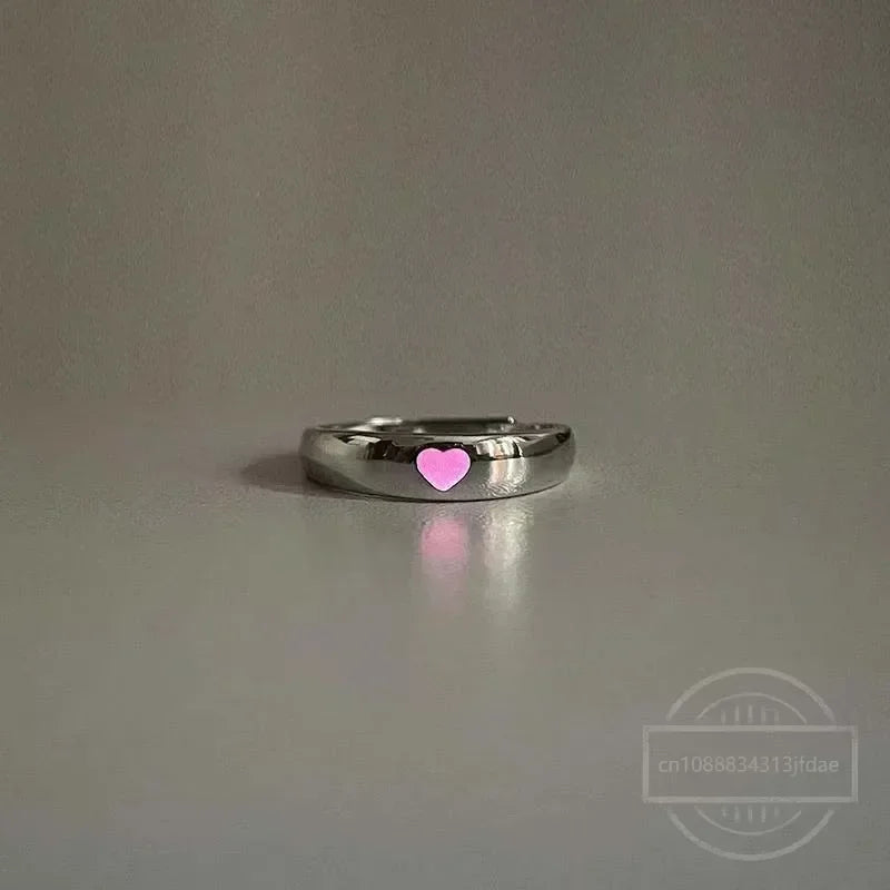 Fashion Blue Pink Love Heart Luminous Couple Ring for Women Men Vintage Glow In Dark Opening Adjustable Rings Jewelry Gifts