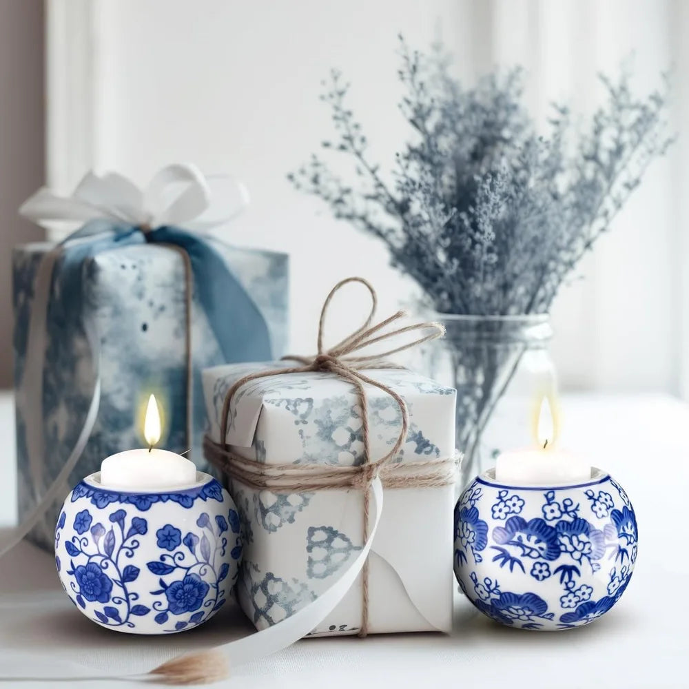 2 Pack Blue and White Candle Holders Chinoiserie Decor Porcelain Tealight Candleholders Votive Candle Holders for Holiday, Wedd
