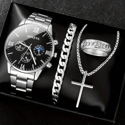 Men's Fashion 4-Piece Set: Calendar Quartz Watch, Silver Cross Pendant Necklace, Ring and Bracelet - HORA GIFT