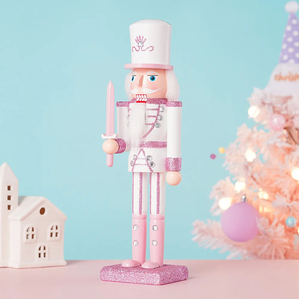 30cm Christmas Wooden Pink King Nutcracker Soldier Ornaments Handmade Pink Puppet Toys Office Desktop Christmas Decoration Gifts