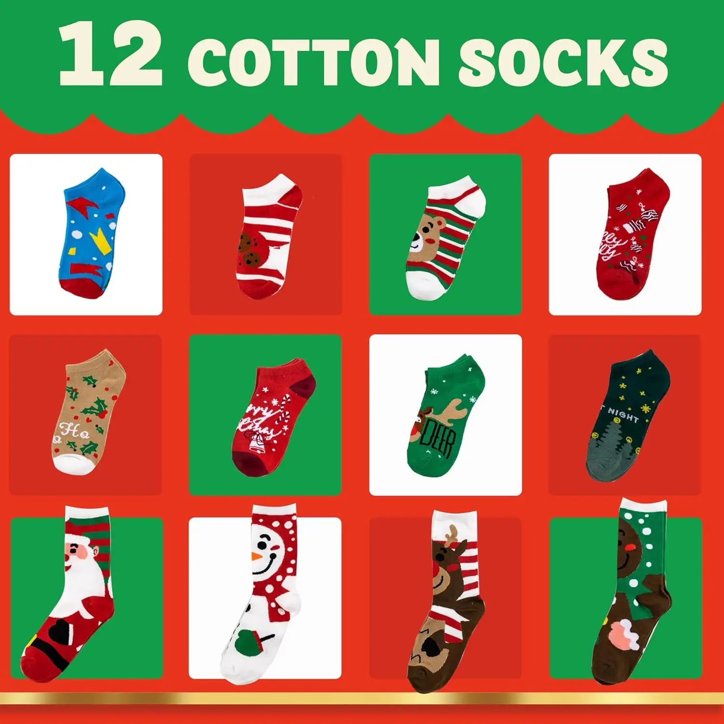 JOYFY 2025 Christmas Advent Calendar 12 Day Christmas Warm Cotton Socks for Women Adults Xmas Gift with 8 Low Cut & 4 Knee Socks