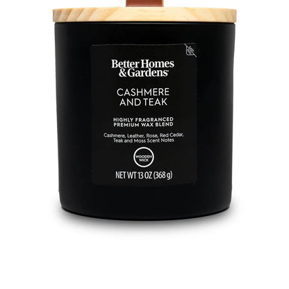 Scented Wooden Wick Jar Candle 13oz Cashmere Teak Fragrance Black Glass Home Decor 65 Hour Burn Time Leather Lid