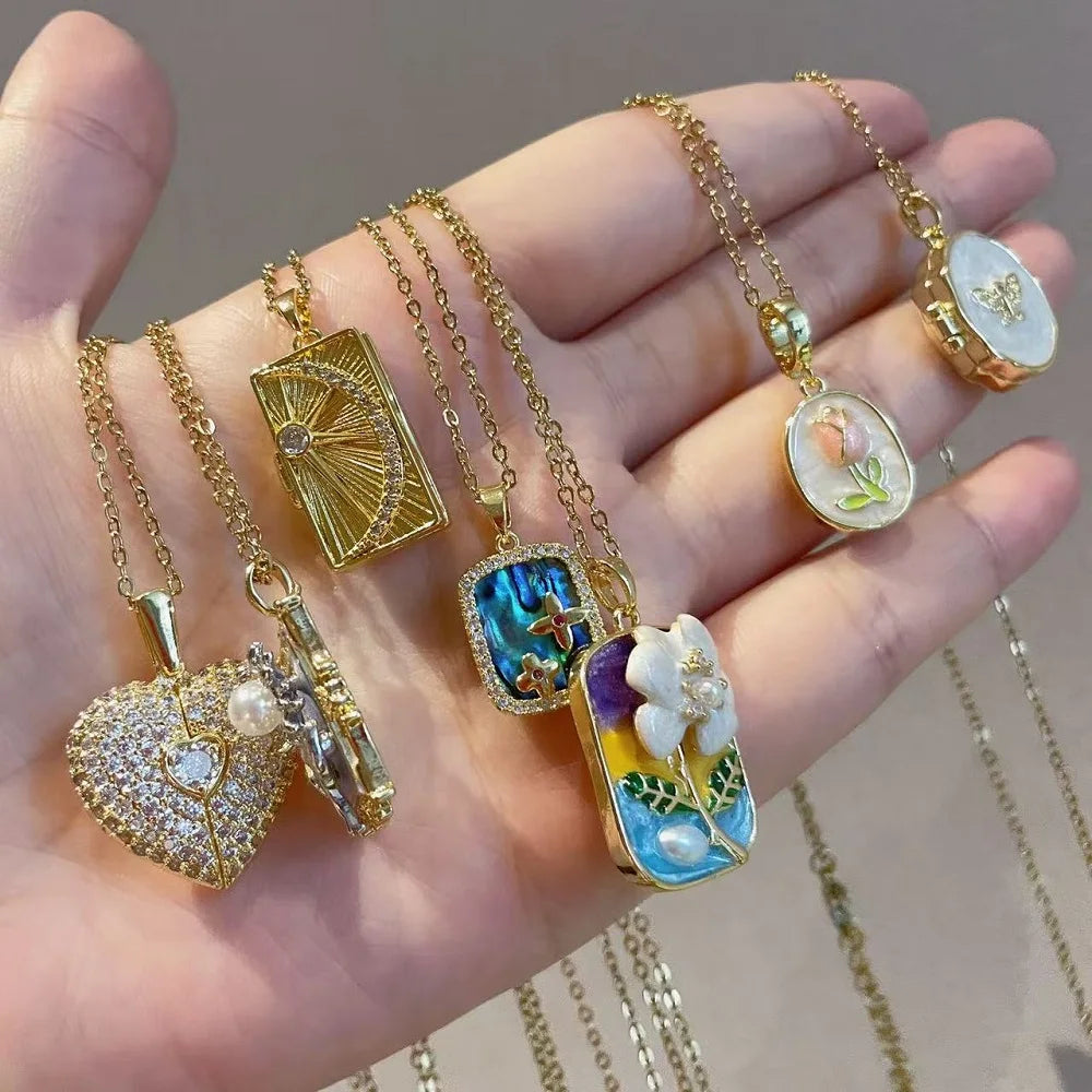 Vintage Rectangular Pendant Necklace with Enamel Floral Design in Stainless Steel