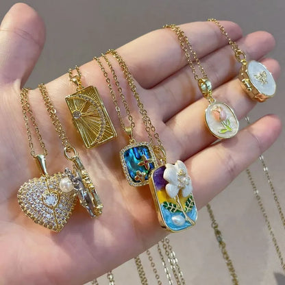 Vintage Rectangular Pendant Necklace with Enamel Floral Design in Stainless Steel