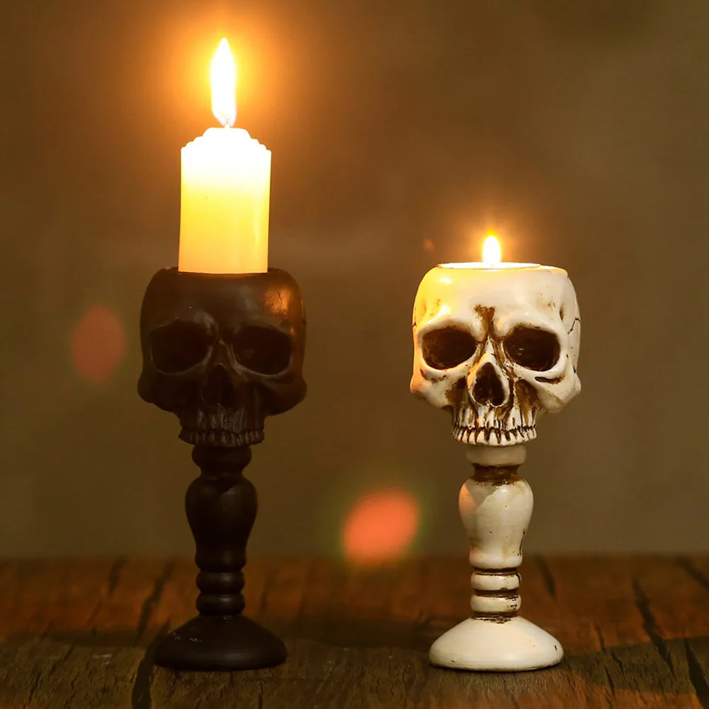 Pillar Candlestick Holder Gothic Skull Tealight Holder Resin Candlestick Table Decor Ornament for Halloween Decorations
