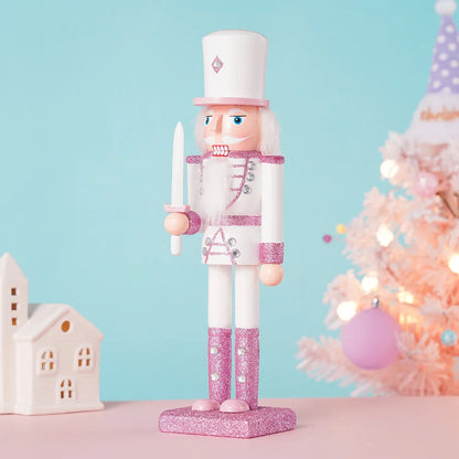 30cm Christmas Wooden Pink King Nutcracker Soldier Ornaments Handmade Pink Puppet Toys Office Desktop Christmas Decoration Gifts