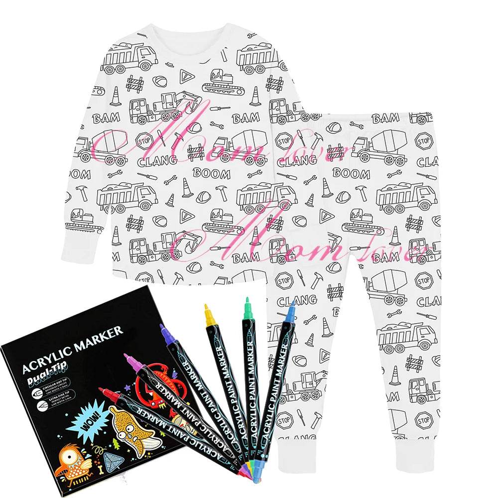 Christmas Colorable Two Piece Pajama Set for Children Boys Girls Hallowmas Pyjamas Kids DIY Coloring Kit for Pajama Party - HORA GIFT