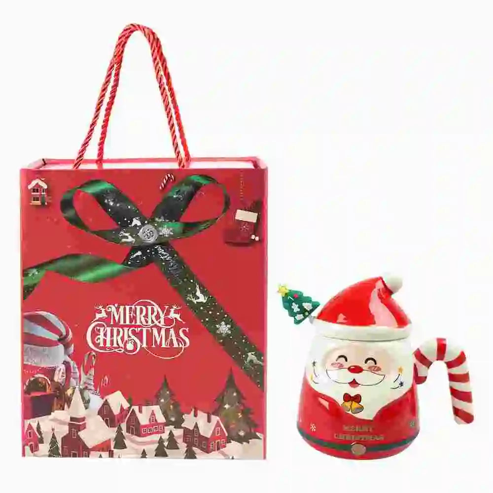 KEPEAK Christmas Santa Claus Ceramic Mugs with Lids and Spoons Animal Print Portable BPA-Free Festive Coffee Cups Set for Gifts