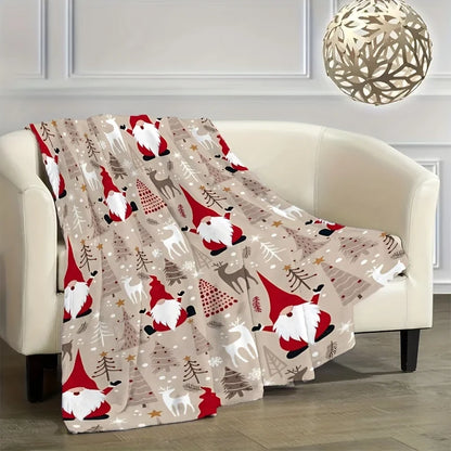1pc Cozy Christmas Gnome & Reindeer Throw Blanket - Ultra-Soft Flannel, All-Season Comfort, Hypoallergenic, Machine Washable
