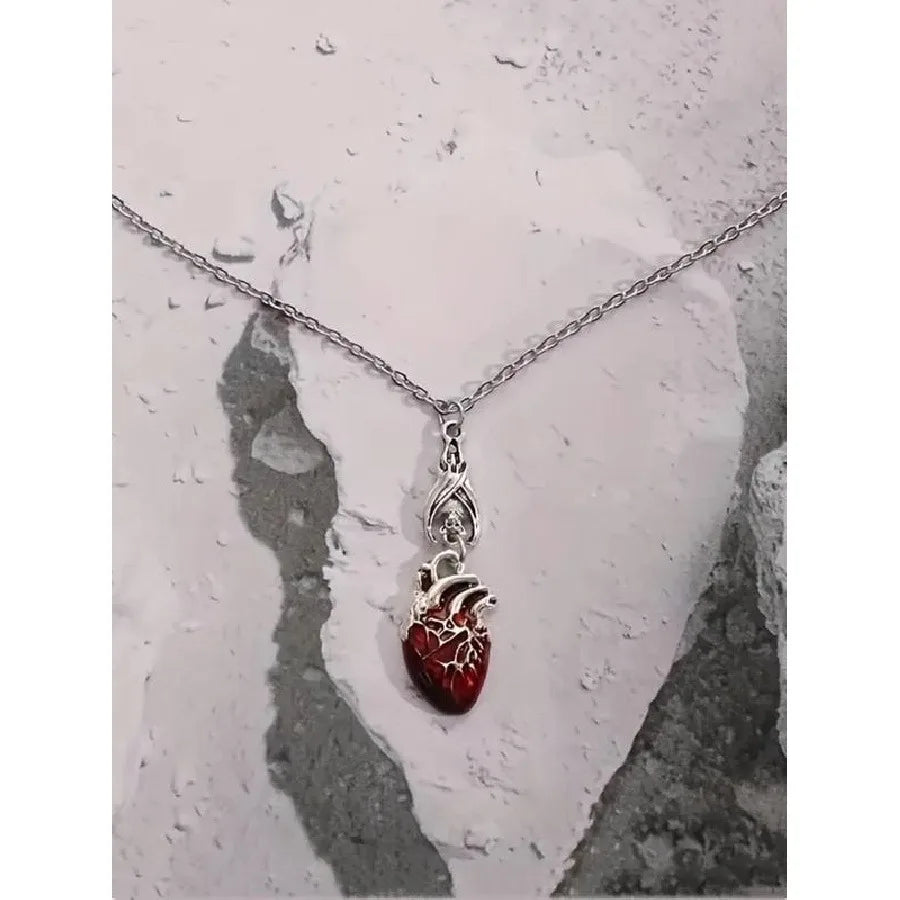 Anatomical Heart Pendant Necklace, Red Silver Pendant, Gothic Style Jewelry