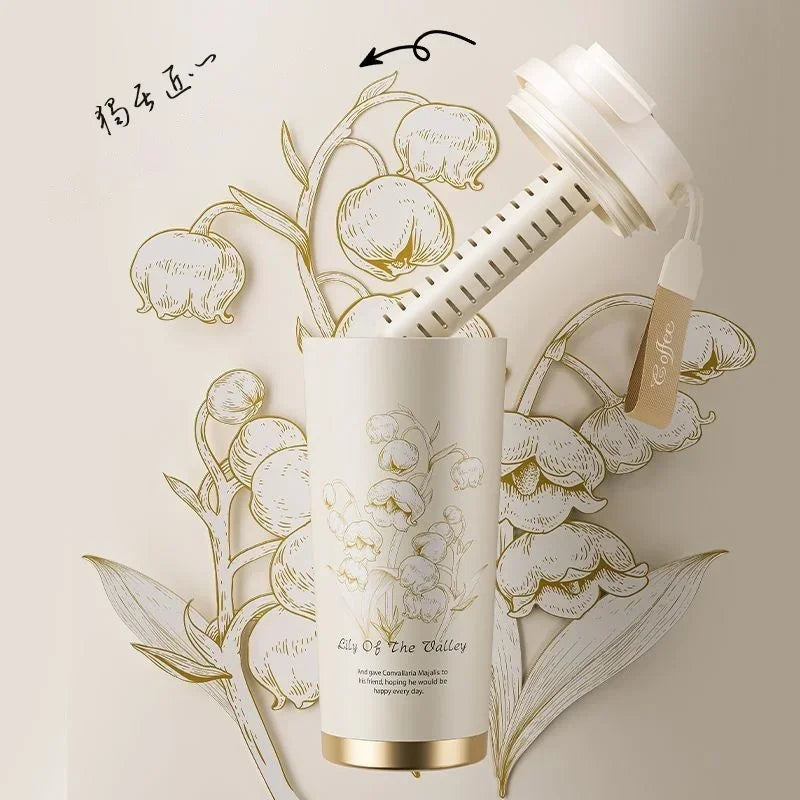 Lily Of The Valley Design Travel Portable Leakproof Coffee Cup Stainless Steel Insulated Bottle Cold Cup Handy Cup