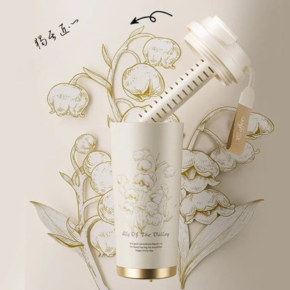 Lily Of The Valley Design Travel Portable Leakproof Coffee Cup Stainless Steel Insulated Bottle Cold Cup Handy Cup