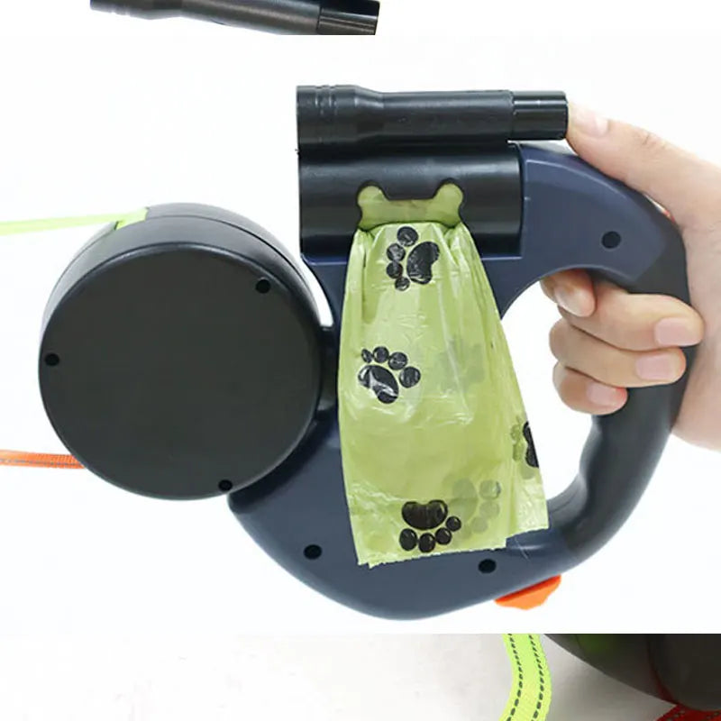 3in1 Double Head Automatic retractable Dog leash Flashlight Poop Bag Dispenser Reflective Pet Cat Extendable Puppy Traction Rope