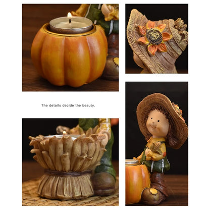 Fall Harvest Pumpkin Boy Tealight Candle Holder Centerpiece Thanksgiving Resin Figurine Fairy Garden Statue Table Decor
