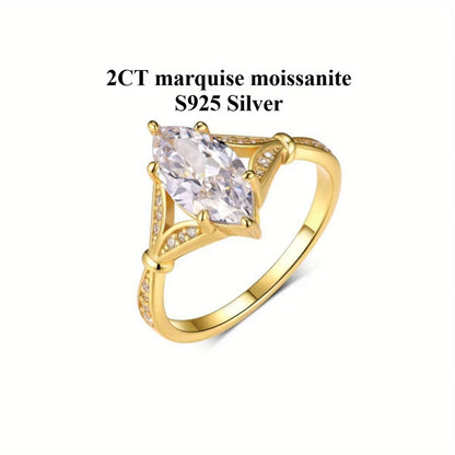 925 Silver 2CT Marquise Moissanite Ring Fine Jewelry Plated with 18k Gold Suitable for Gift Giving Anniversary Birthday Gift