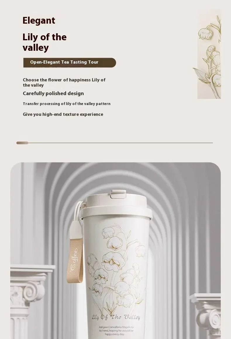 Lily Of The Valley Design Travel Portable Leakproof Coffee Cup Stainless Steel Insulated Bottle Cold Cup Handy Cup
