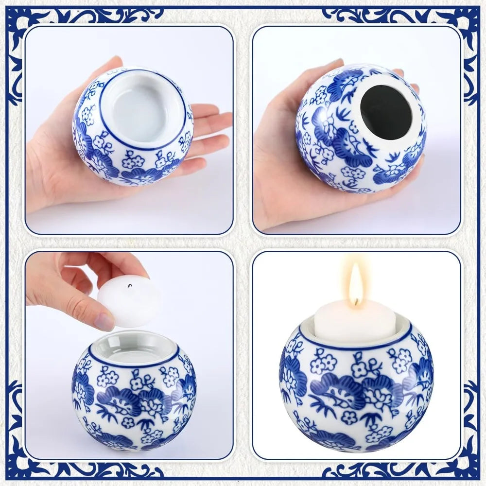 2 Pack Blue and White Candle Holders Chinoiserie Decor Porcelain Tealight Candleholders Votive Candle Holders for Holiday, Wedd
