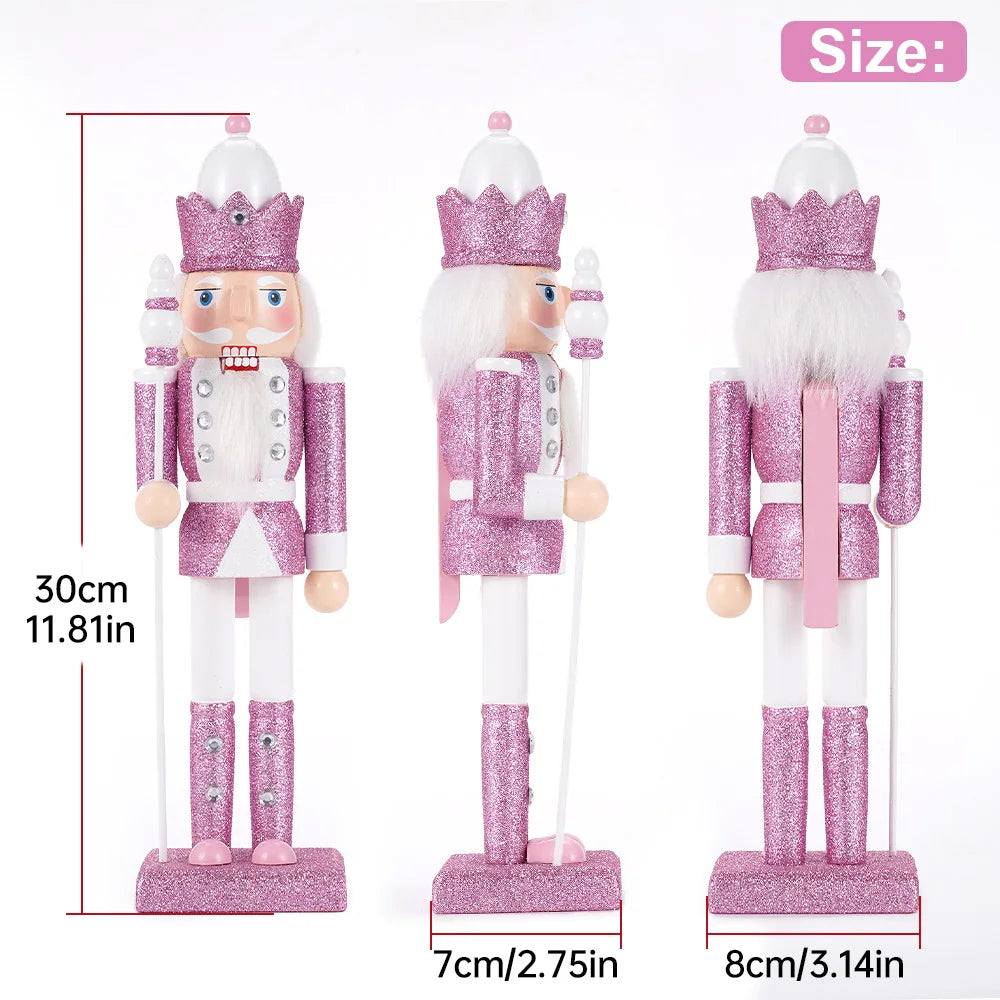 30cm Christmas Wooden Pink King Nutcracker Soldier Ornaments Handmade Pink Puppet Toys Office Desktop Christmas Decoration Gifts