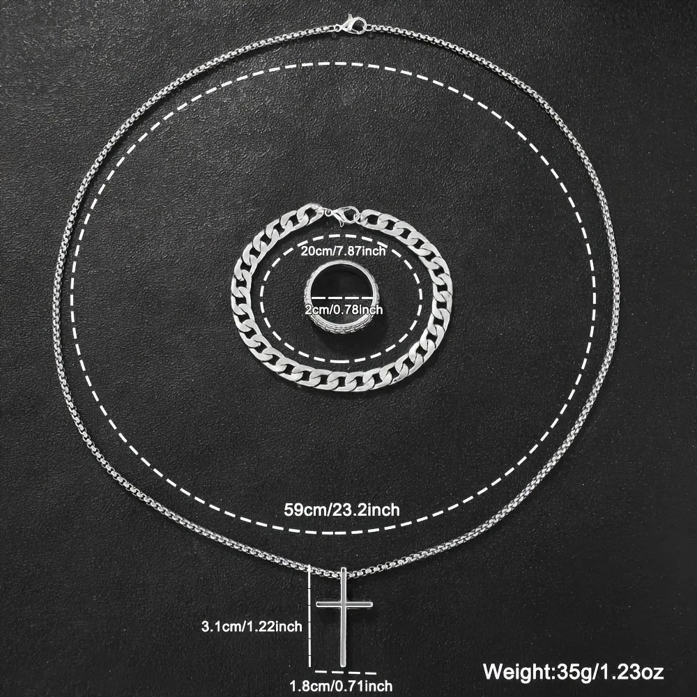 Men's Stainless Steel Jewelry Set: Cross Pendant Necklace + Cuban Link Bracelet + Engraved Band Ring - Fashion Hip Hop Accessori