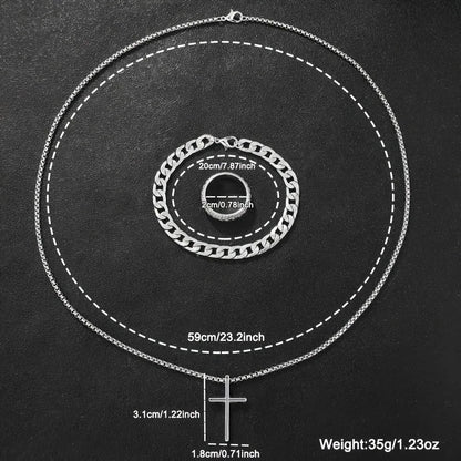 Men's Stainless Steel Jewelry Set: Cross Pendant Necklace + Cuban Link Bracelet + Engraved Band Ring - Fashion Hip Hop Accessori