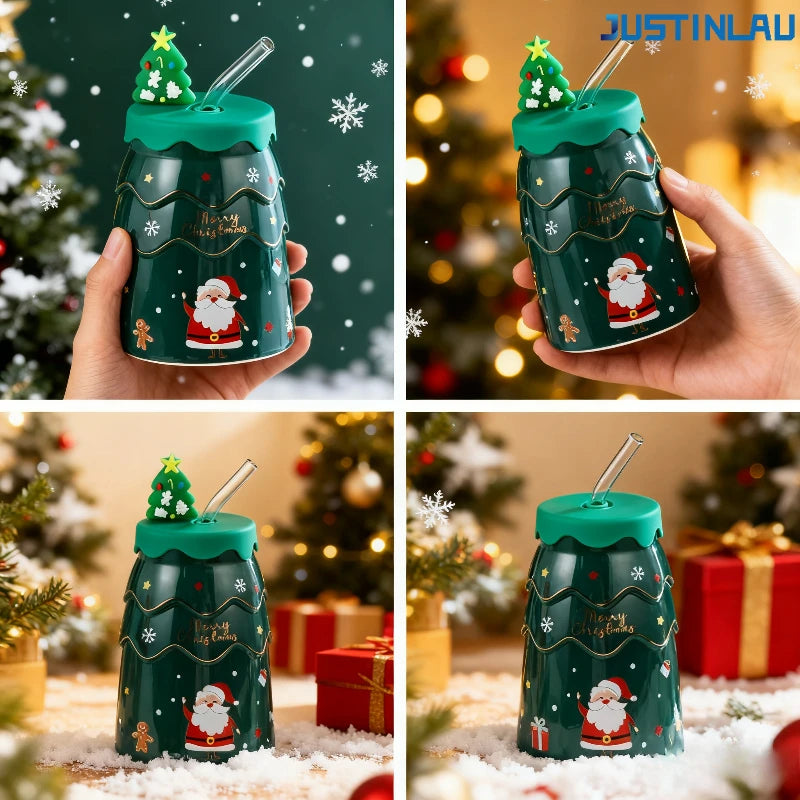 Creative Christmas Mugs Cartoon Xmas Tree Shape Santa Claus Elk Snowman Bell Ceramic Cup with Lid and Straw Coffee Mug Xmas Gift
