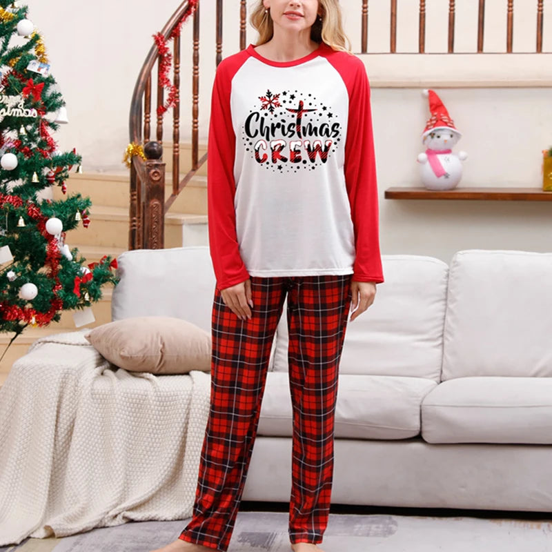 Christmas Family Matching Pajamas Set Long Sleeve Letter Print T-shirt with Plaid Pants Sleepwear Loungewear for the Whole