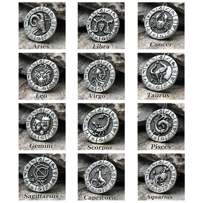 12 Constellation Zodian Signs Pendants Unique Design Horoscope Two-Sided Pendant Necklace for Men  Jewelry Birthday Gifts