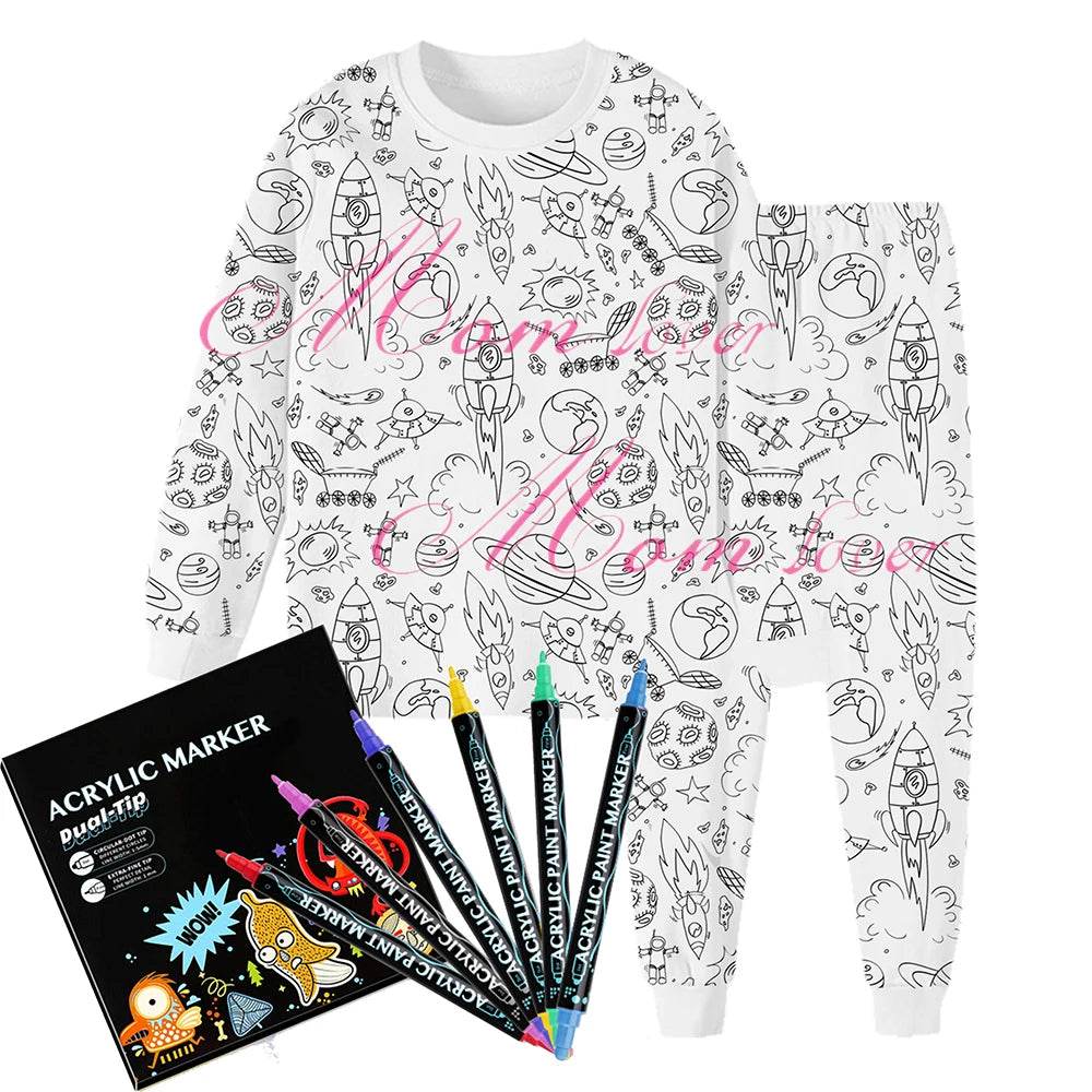 Christmas Colorable Two Piece Pajama Set for Children Boys Girls Hallowmas Pyjamas Kids DIY Coloring Kit for Pajama Party - HORA GIFT
