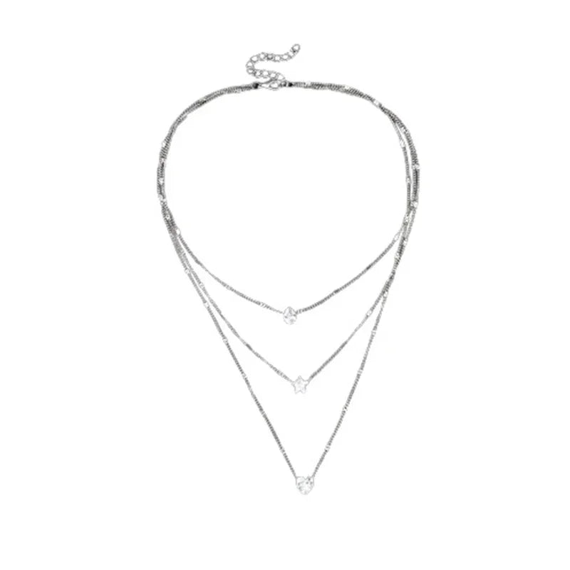3 Layer Crystal Zircon Necklace Heart Star Multi-layer Pendant Necklace Women Fashion Square Rhinestone Female Necklaces Jewelry