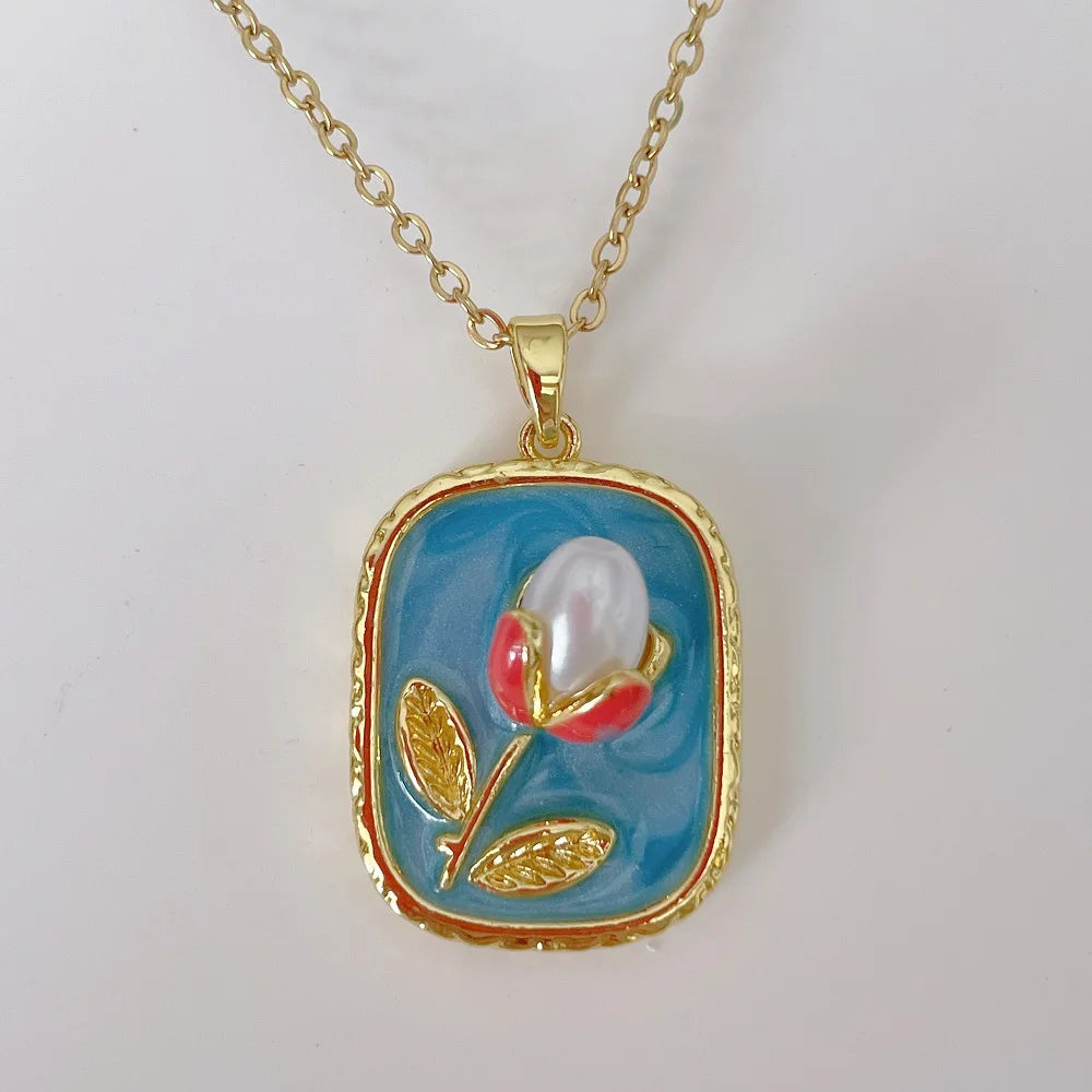 Vintage Rectangular Pendant Necklace with Enamel Floral Design in Stainless Steel