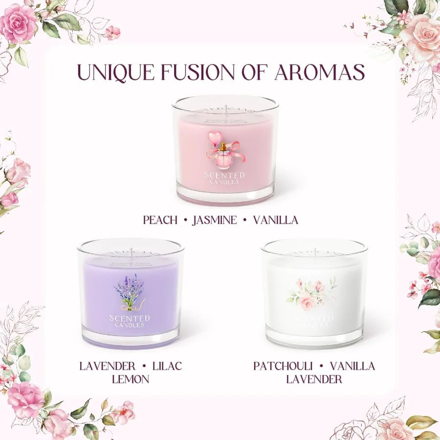 Scented Candle Gift Set for Stress Relief and Relaxation 3 Aromatherapy Votive Candles in Pink Purple and White Ideal for Women