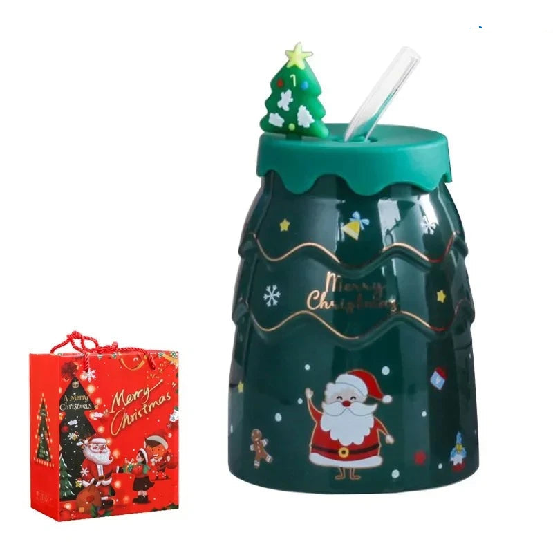 Creative Christmas Mugs Cartoon Xmas Tree Shape Santa Claus Elk Snowman Bell Ceramic Cup with Lid and Straw Coffee Mug Xmas Gift