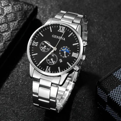 Men's Fashion 4-Piece Set: Calendar Quartz Watch, Silver Cross Pendant Necklace, Ring and Bracelet - HORA GIFT