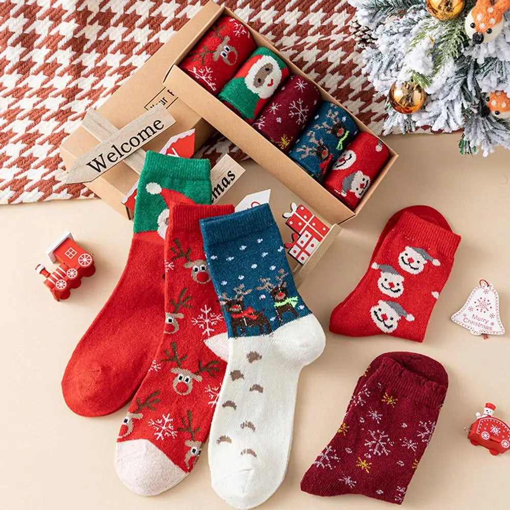 Christmas Socks 5Pairs Wool Socks Mid-tube Socks Fun Cute Socks With Santa Reindeer Pattern Women's Christmas Theme Gift Box