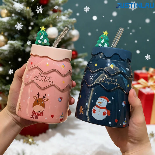 Creative Christmas Mugs Cartoon Xmas Tree Shape Santa Claus Elk Snowman Bell Ceramic Cup with Lid and Straw Coffee Mug Xmas Gift