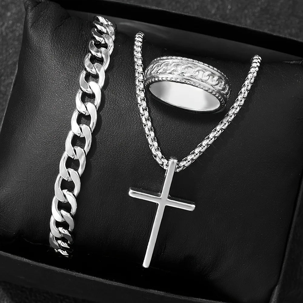 Men's Stainless Steel Jewelry Set: Cross Pendant Necklace + Cuban Link Bracelet + Engraved Band Ring - Fashion Hip Hop Accessori