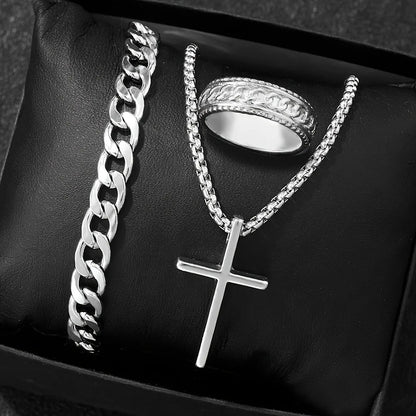 Men's Stainless Steel Jewelry Set: Cross Pendant Necklace + Cuban Link Bracelet + Engraved Band Ring - Fashion Hip Hop Accessori