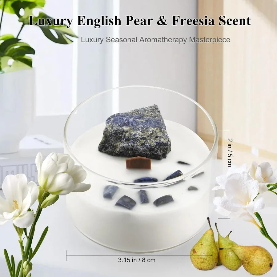 Luxury English Pear Freesia Soy Candle with Crackling Wood Wick and Healing Crystals for Relaxing Home Aromatherapy 55Hour NonT