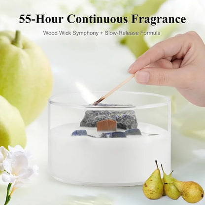 Luxury English Pear Freesia Soy Candle with Crackling Wood Wick and Healing Crystals for Relaxing Home Aromatherapy 55Hour NonT