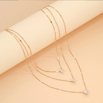 3 Layer Crystal Zircon Necklace Heart Star Multi-layer Pendant Necklace Women Fashion Square Rhinestone Female Necklaces Jewelry