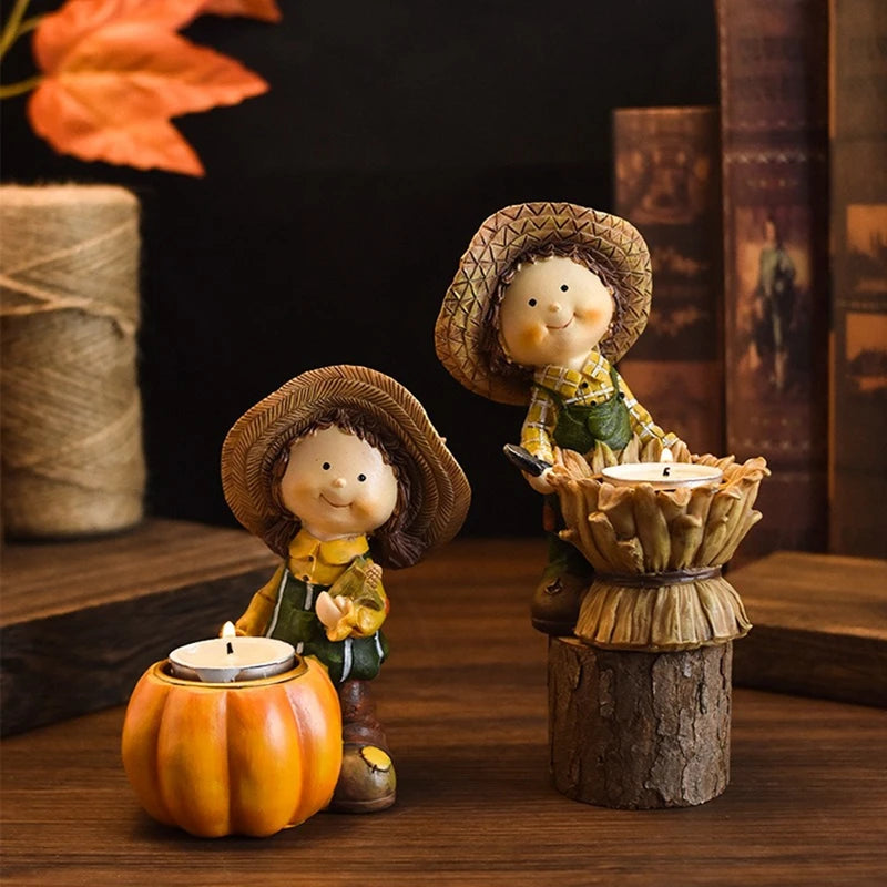 Fall Harvest Pumpkin Boy Tealight Candle Holder Centerpiece Thanksgiving Resin Figurine Fairy Garden Statue Table Decor