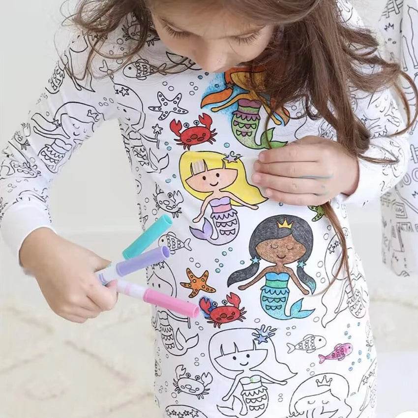 Christmas Colorable Two Piece Pajama Set for Children Boys Girls Hallowmas Pyjamas Kids DIY Coloring Kit for Pajama Party - HORA GIFT