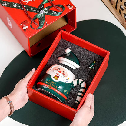KEPEAK Christmas Santa Claus Ceramic Mugs with Lids and Spoons Animal Print Portable BPA-Free Festive Coffee Cups Set for Gifts